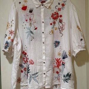 Stunning JOHNNY WAS Whimsical Embroidered Linen top/amazing w/ linen pants! XL